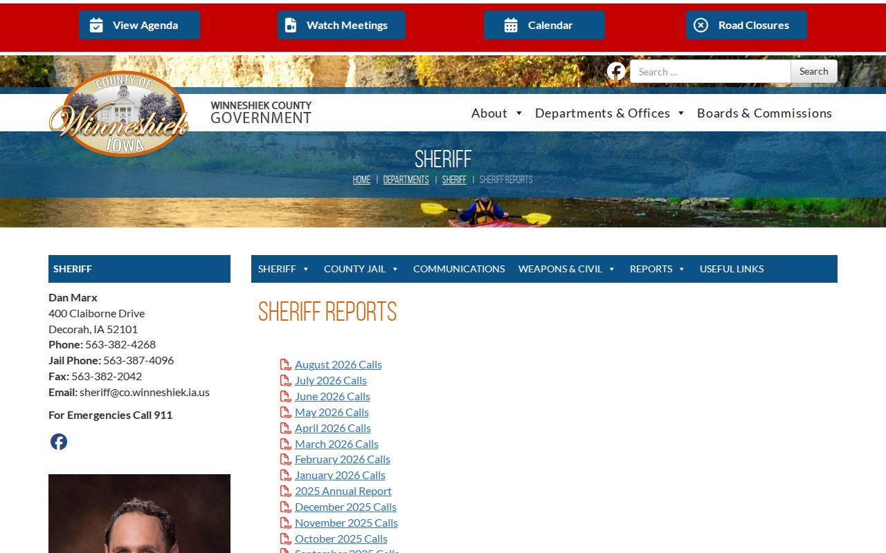 Winneshiek County Sheriff Report page with monthly calls reports