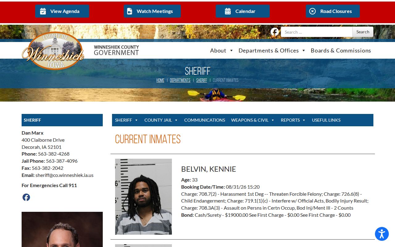 Winneshiek County Current Inmates page showing the text-based custody roster