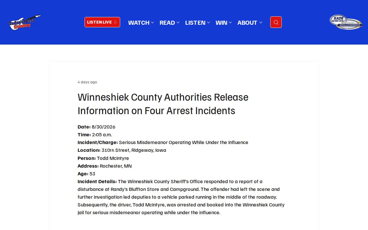KCTN report on four Winneshiek County arrest incidents