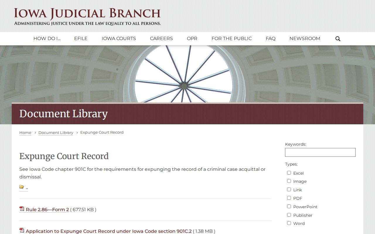 Iowa Judicial Branch expungement forms page for official court relief